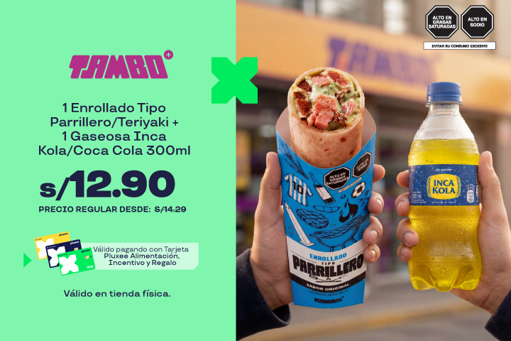 1 ENROLLADO TIPO PARRILLERO/TERIYAKI + 1 GASEOSA INCA KOLA/COCA COLA 300ML A S/12.90.PRECIO REGULAR DESDE: S/14.29